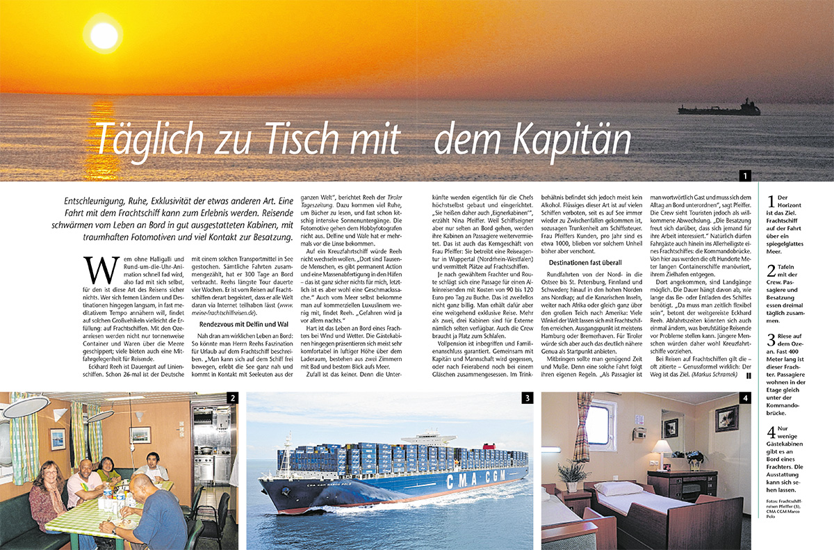 International Freighter Voyages Pfeiffer - Press Reports - Tiroler Tageszeitung 01.2016