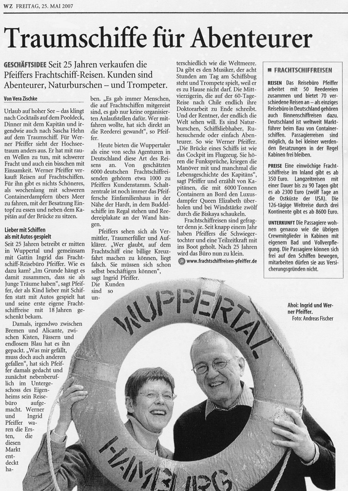 Internationale Frachtschiffreisen Pfeiffer - Presseberichte - Westdeutsche Zeitung 25.05.2007