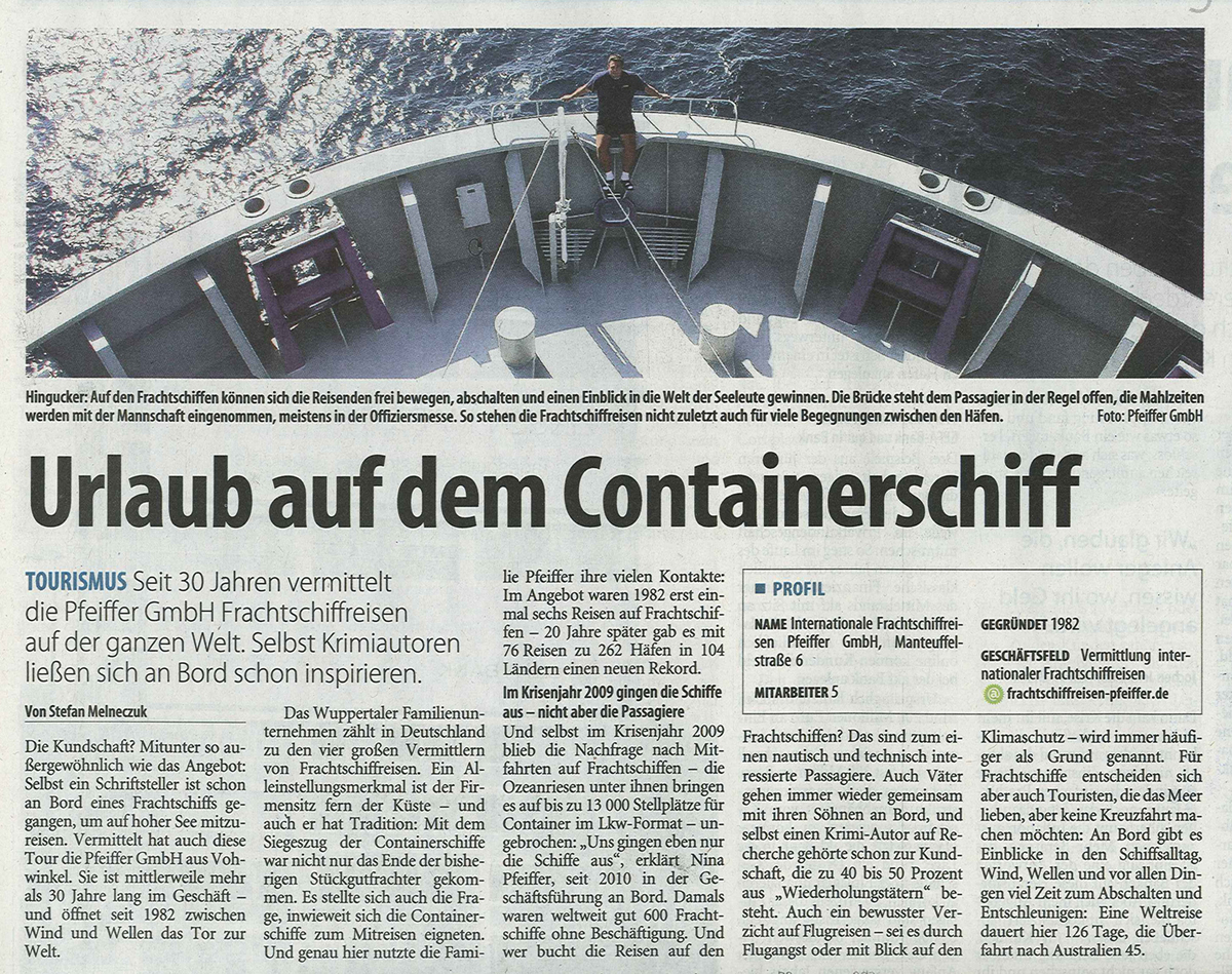International Freighter Voyages Pfeiffer - Press Reports - Westdeutsche Zeitung 27.04.2012